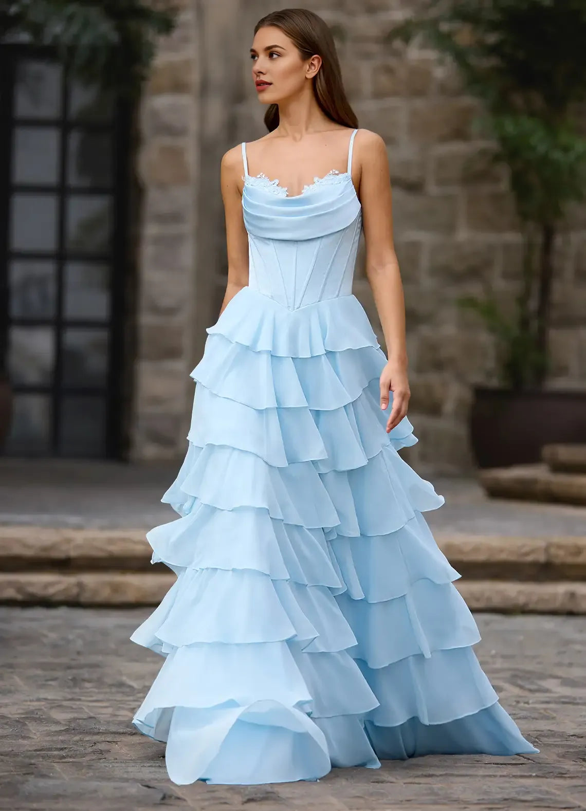 A-line Spaghetti Straps Ruffled Tiered Satin Chiffon Sky Blue Prom Dress