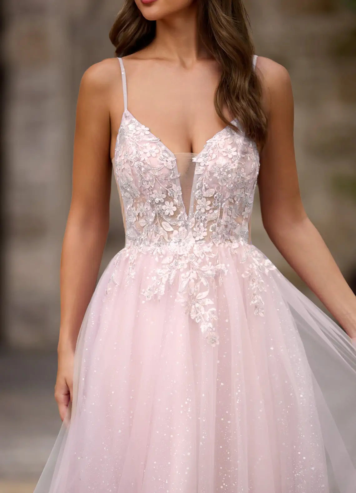 A-line Spaghetti Straps Sequins Applique Tulle Pink Maxi Prom Dress
