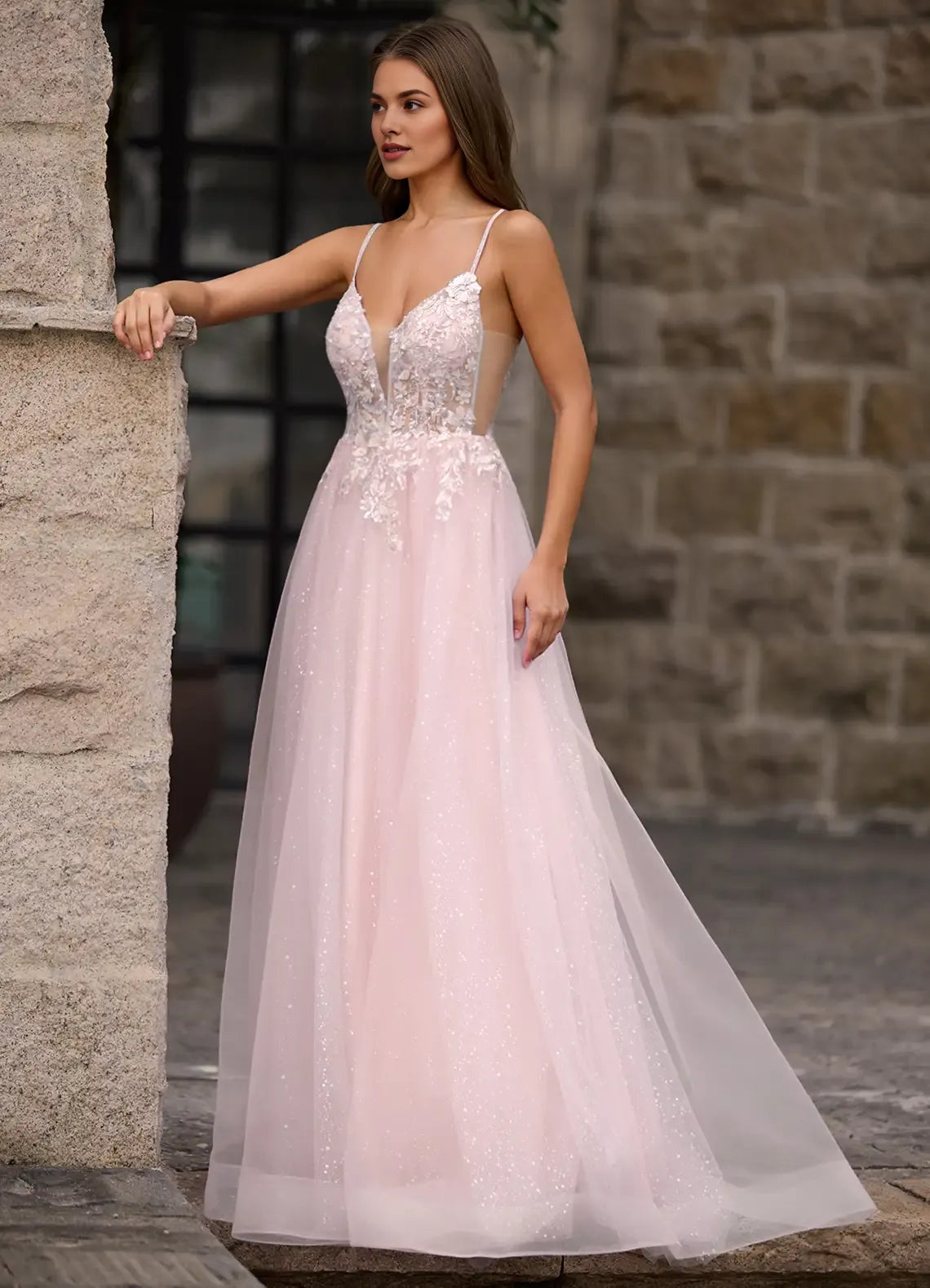 A-line Spaghetti Straps Sequins Applique Tulle Pink Maxi Prom Dress
