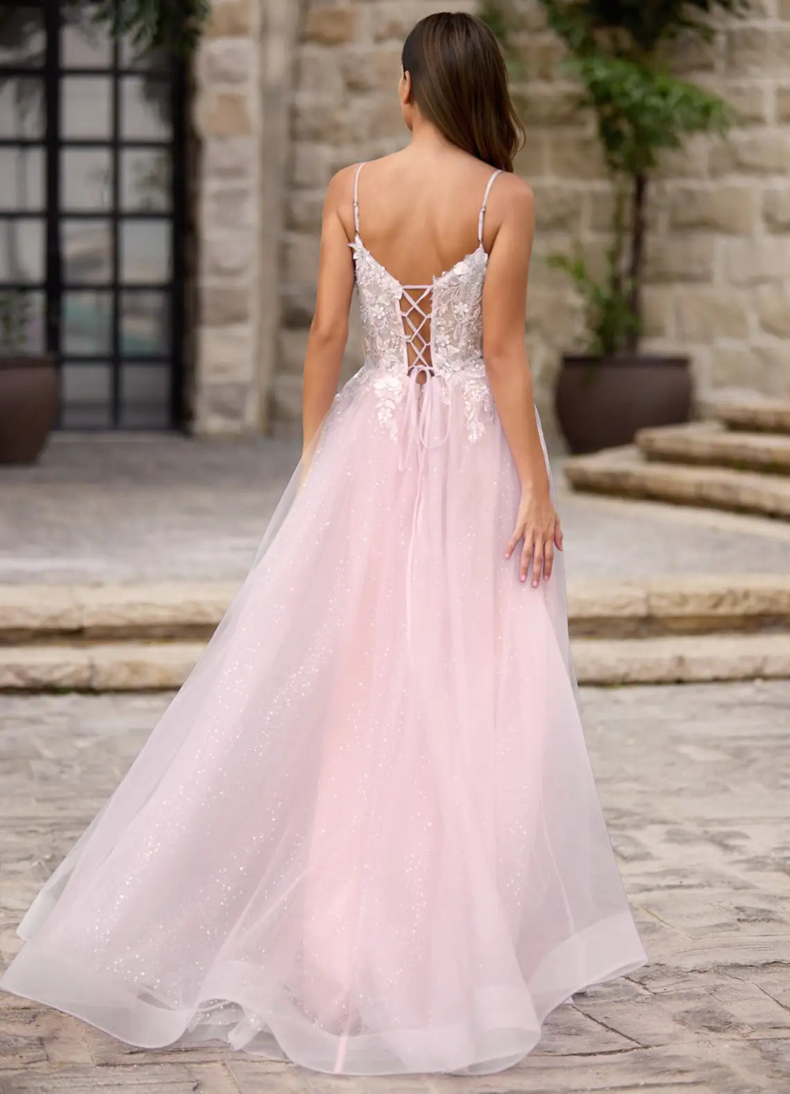 A-line Spaghetti Straps Sequins Applique Tulle Pink Maxi Prom Dress