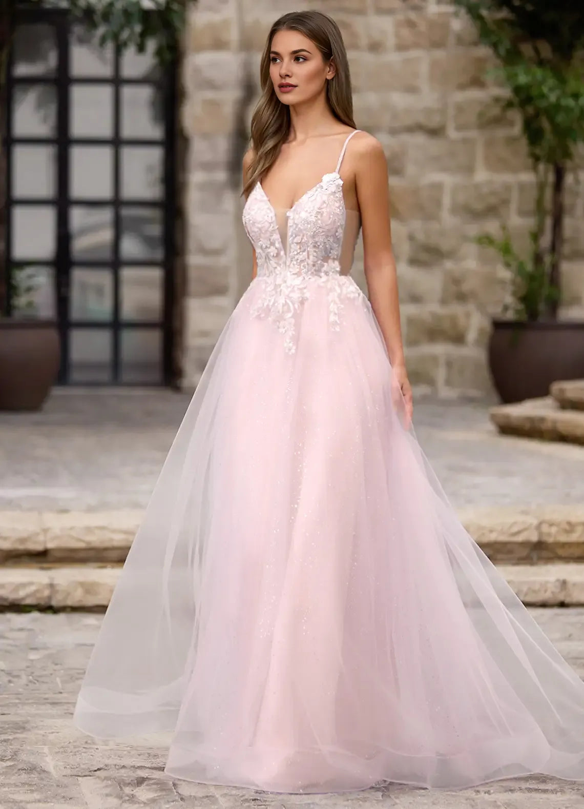 A-line Spaghetti Straps Sequins Applique Tulle Pink Maxi Prom Dress