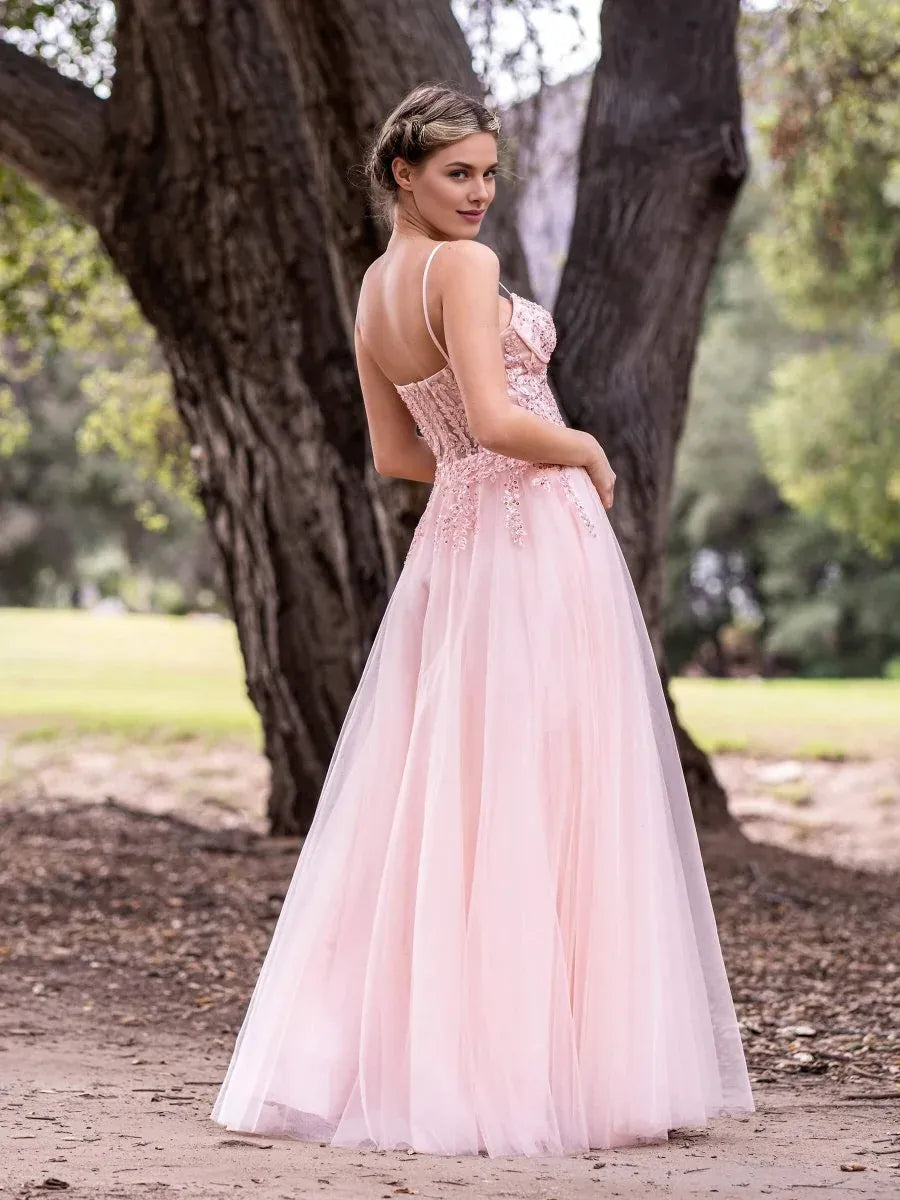 A-line Spaghetti Straps Sequins Appliques Tulle Pink Floor Length Prom Dress