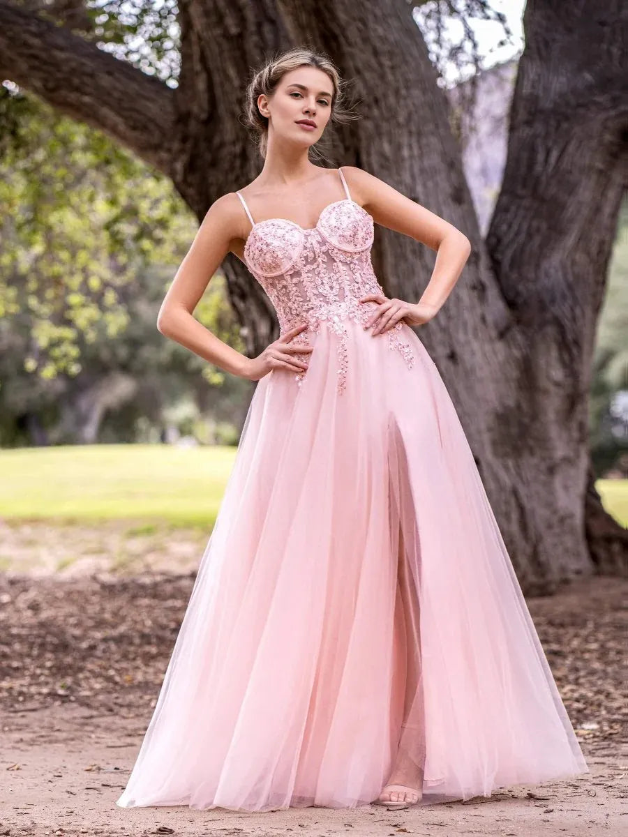 A-line Spaghetti Straps Sequins Appliques Tulle Pink Floor Length Prom Dress
