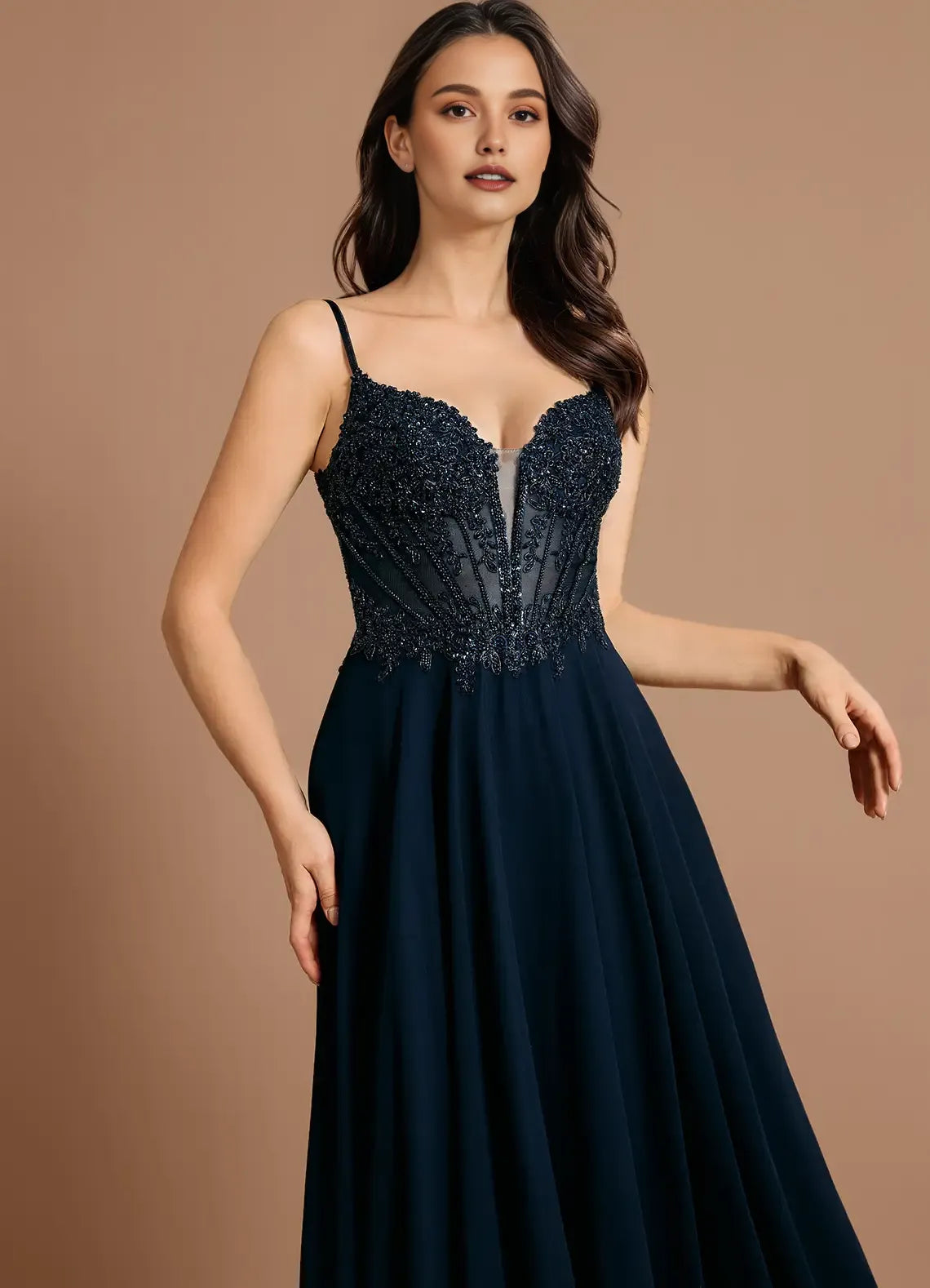 A-line Spaghetti Straps Sheer Beaded Applique Chiffon Navy Maxi Evening Dress