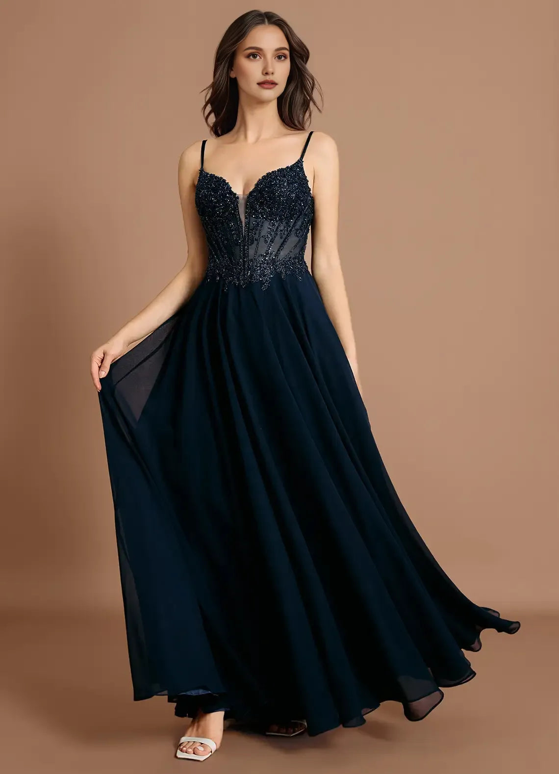 A-line Spaghetti Straps Sheer Beaded Applique Chiffon Navy Maxi Evening Dress