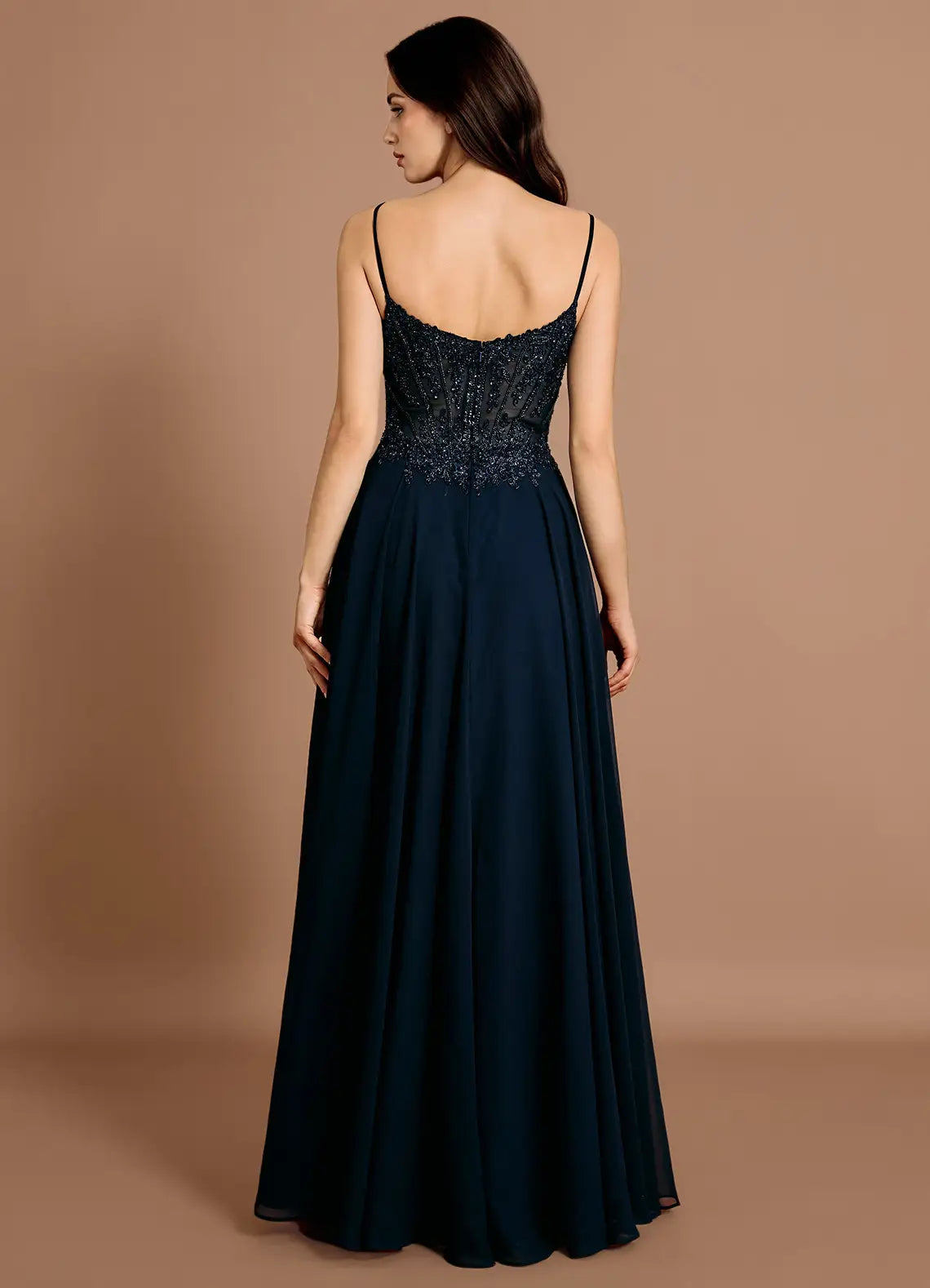 A-line Spaghetti Straps Sheer Beaded Applique Chiffon Navy Maxi Evening Dress