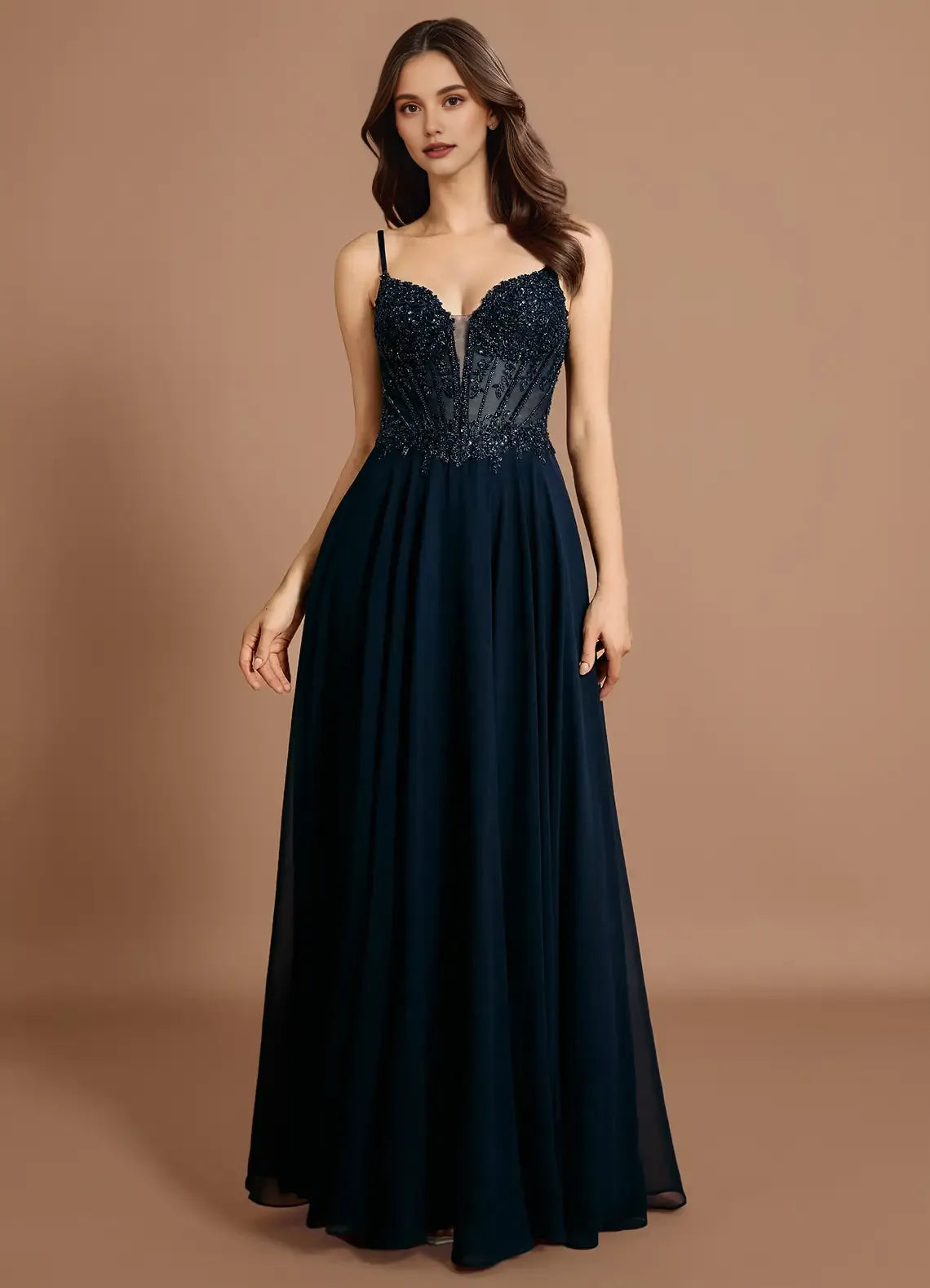 A-line Spaghetti Straps Sheer Beaded Applique Chiffon Navy Maxi Evening Dress