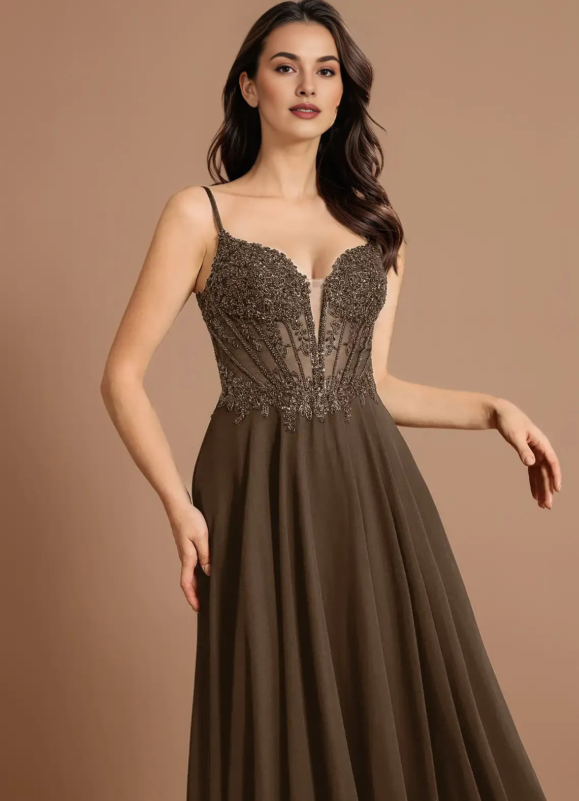 A-line Spaghetti Straps Sheer Beaded Mocha Coco Maxi Evening Dress