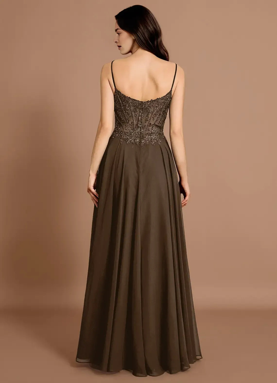 A-line Spaghetti Straps Sheer Beaded Mocha Coco Maxi Evening Dress