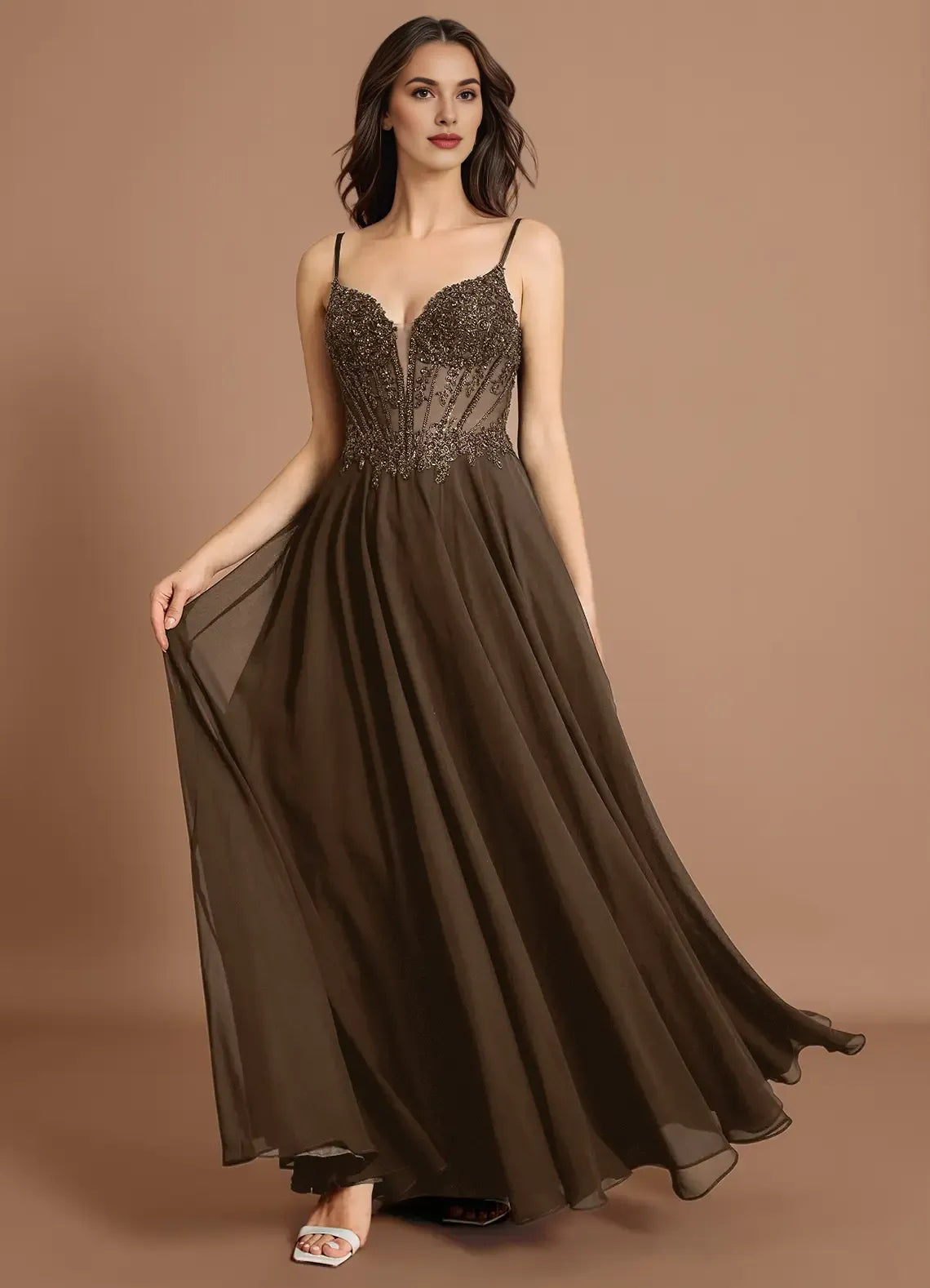 A-line Spaghetti Straps Sheer Beaded Mocha Coco Maxi Evening Dress