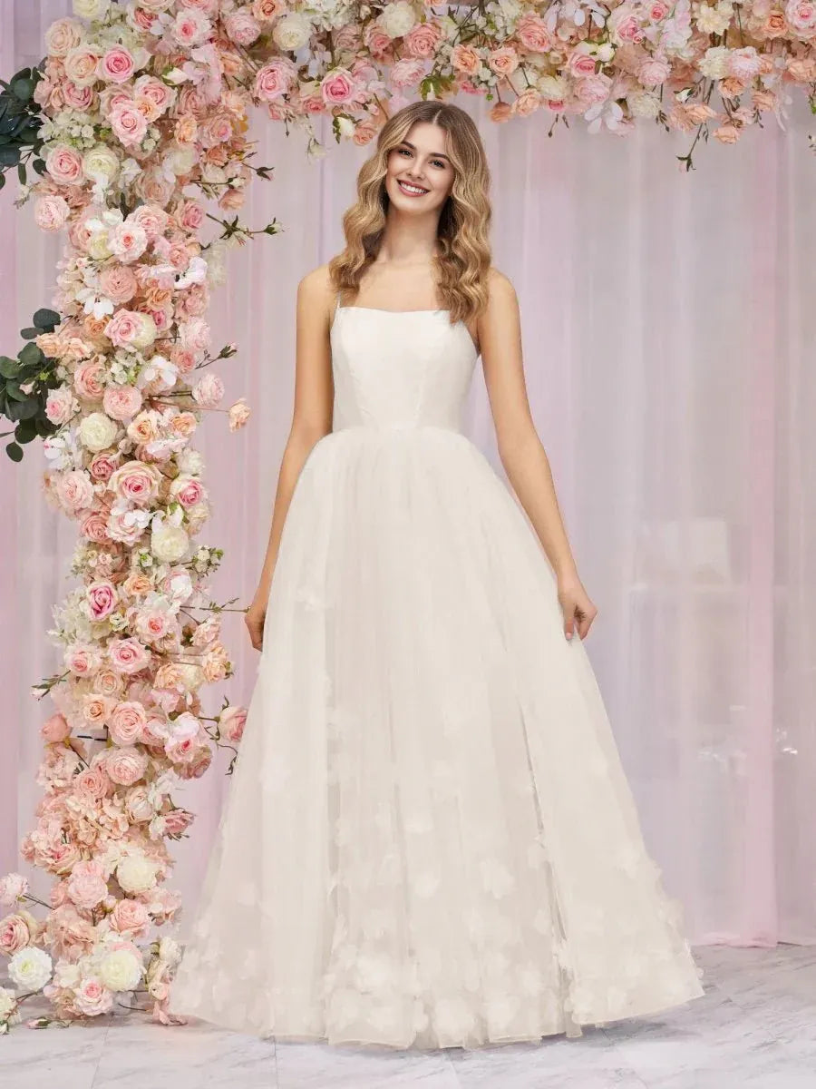 A-line Spaghetti Straps Tulle Pink Floor Length Prom Dress With Applique