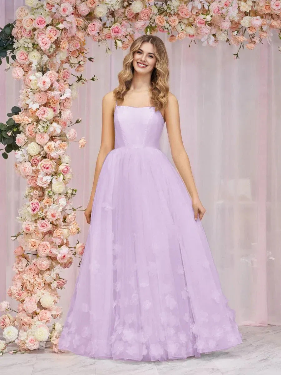 A-line Spaghetti Straps Tulle Pink Floor Length Prom Dress With Applique