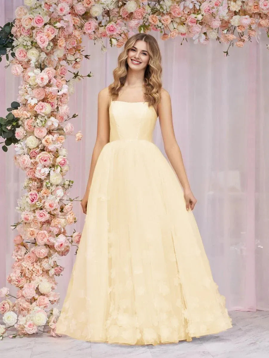 A-line Spaghetti Straps Tulle Pink Floor Length Prom Dress With Applique
