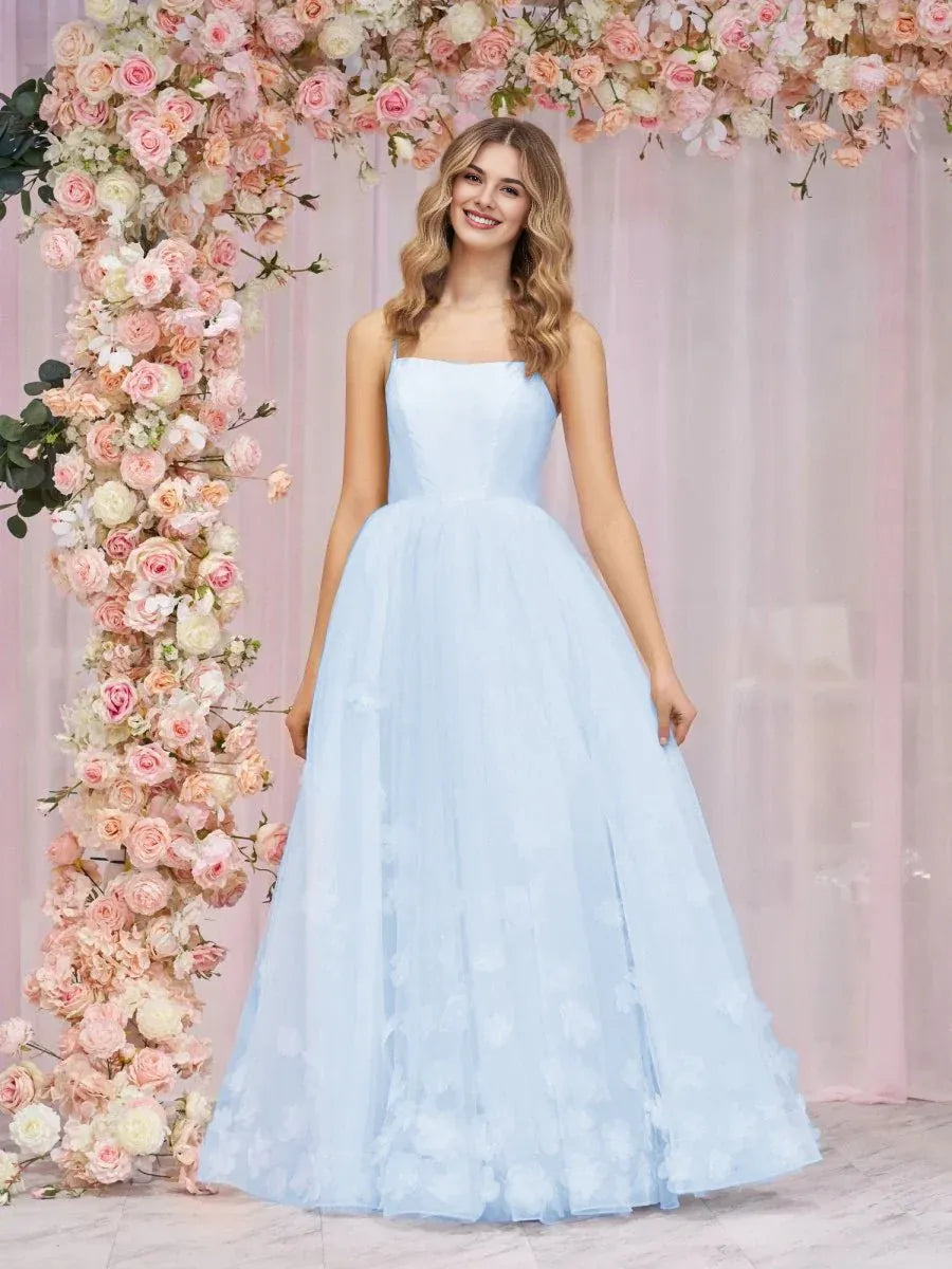 A-line Spaghetti Straps Tulle Pink Floor Length Prom Dress With Applique