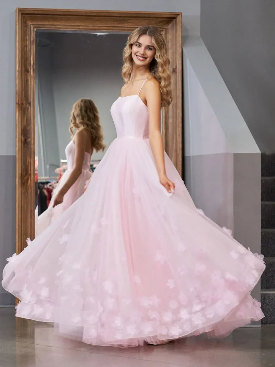 A-line Spaghetti Straps Tulle Pink Floor Length Prom Dress With Applique