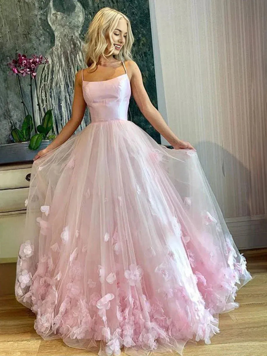 A-line Spaghetti Straps Tulle Pink Floor Length Prom Dress With Applique