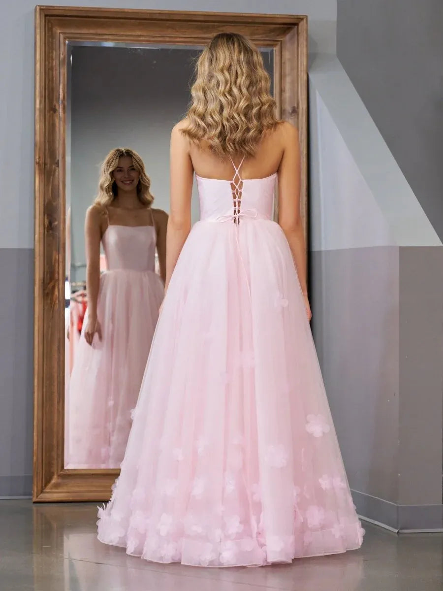 A-line Spaghetti Straps Tulle Pink Floor Length Prom Dress With Applique
