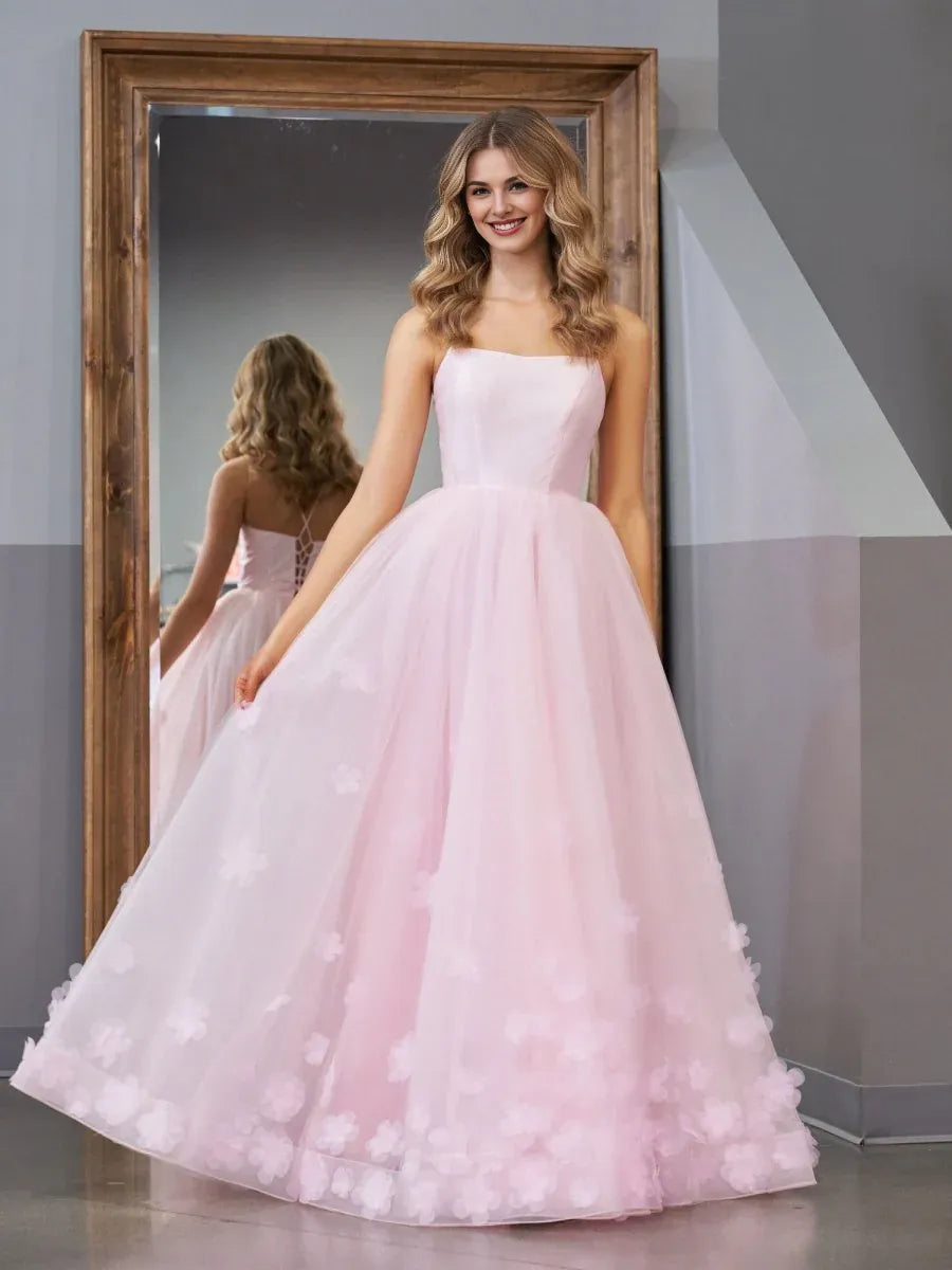 A-line Spaghetti Straps Tulle Pink Floor Length Prom Dress With Applique