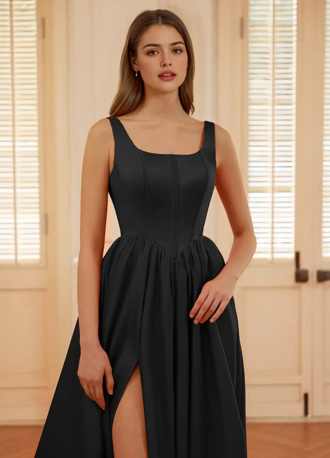 A-line Square Neck Corset Satin Black Floor Length Prom Dress With Slit