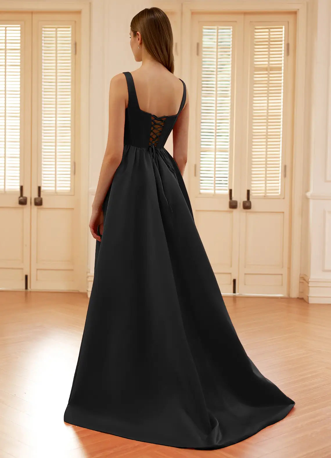 A-line Square Neck Corset Satin Black Floor Length Prom Dress With Slit