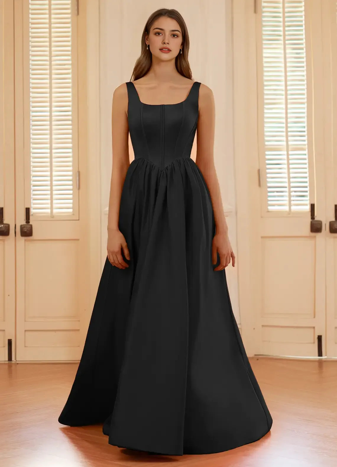 A-line Square Neck Corset Satin Black Floor Length Prom Dress With Slit