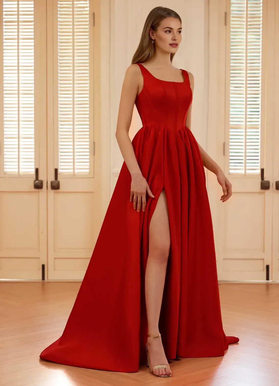 A-line Square Neck Corset Satin Red Floor Length Prom Dress With Slit