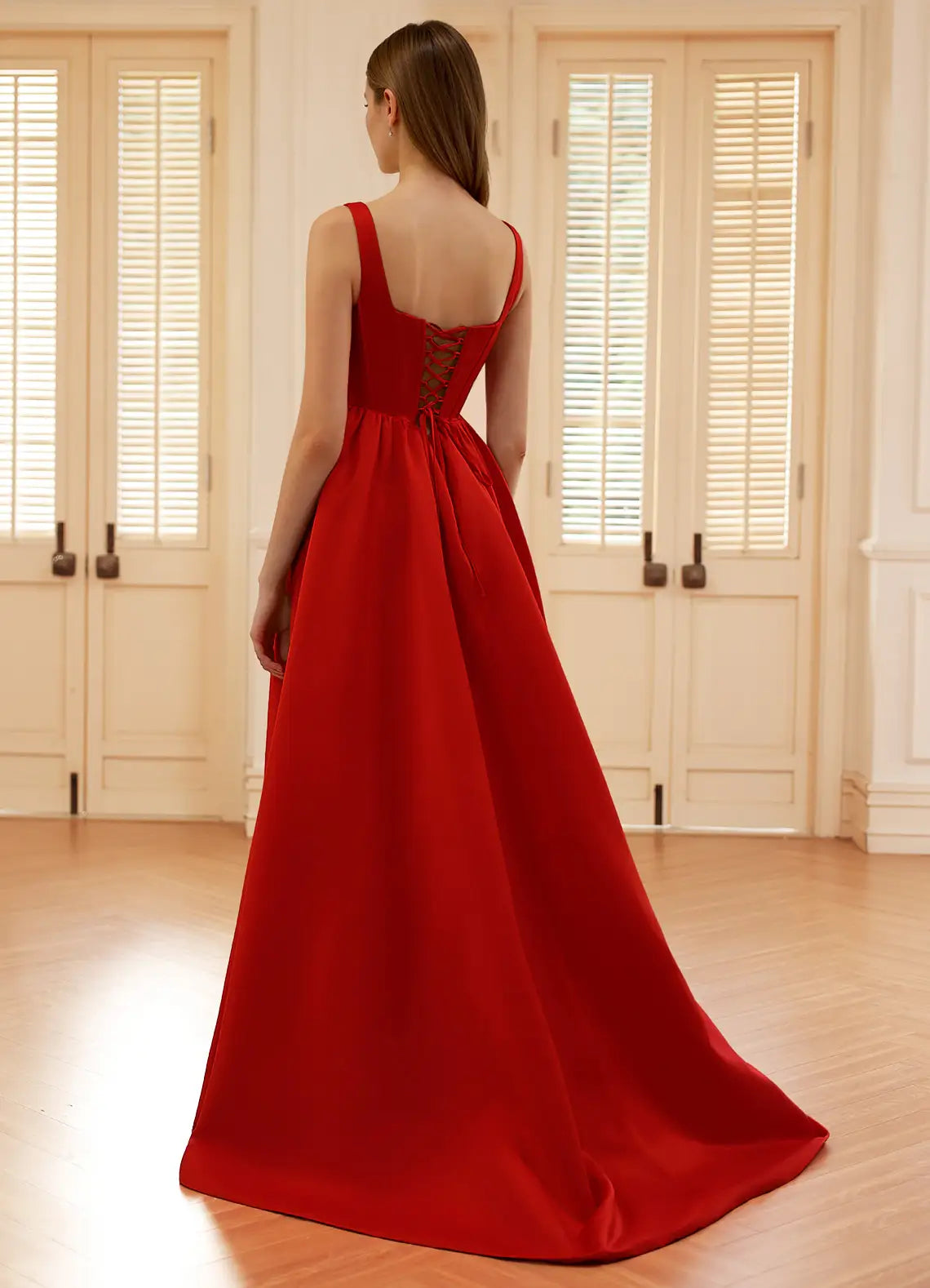 A-line Square Neck Corset Satin Red Floor Length Prom Dress With Slit