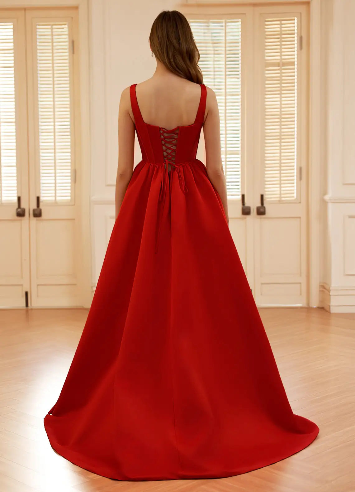 A-line Square Neck Corset Satin Red Floor Length Prom Dress With Slit
