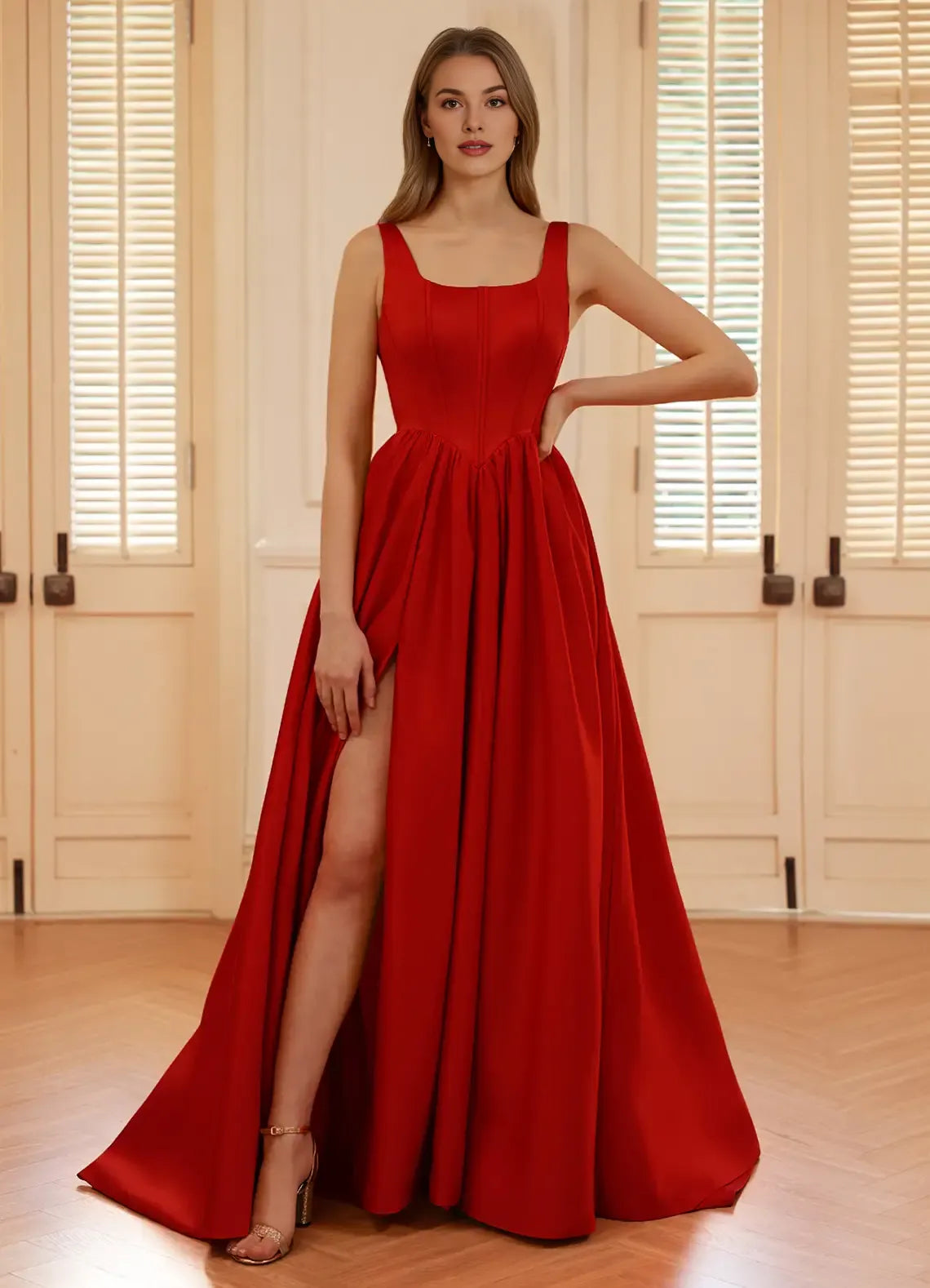 A-line Square Neck Corset Satin Red Floor Length Prom Dress With Slit