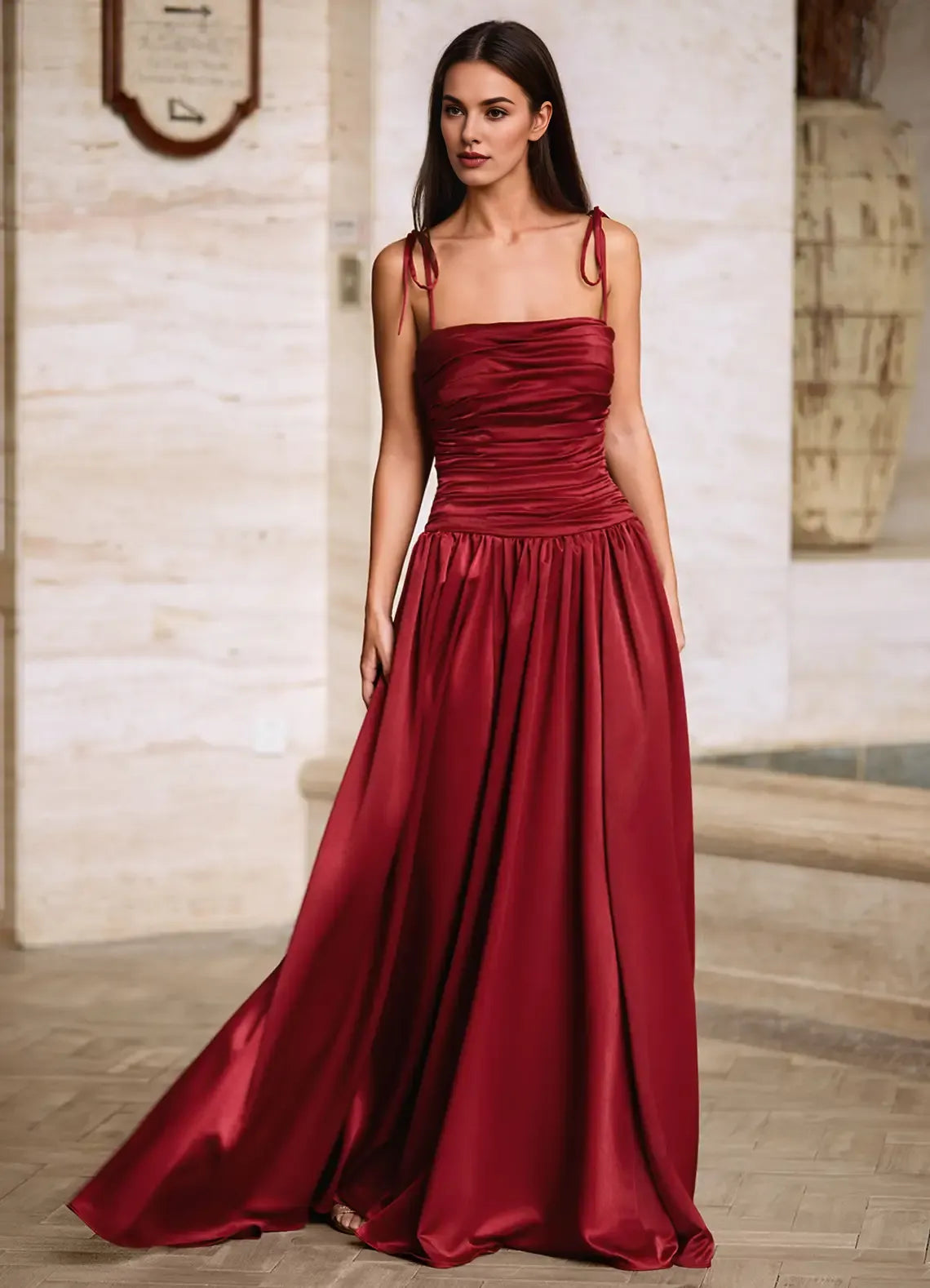 A-line Square Neck Tie Strap Pleated Satin Burgundy Long Prom Dress
