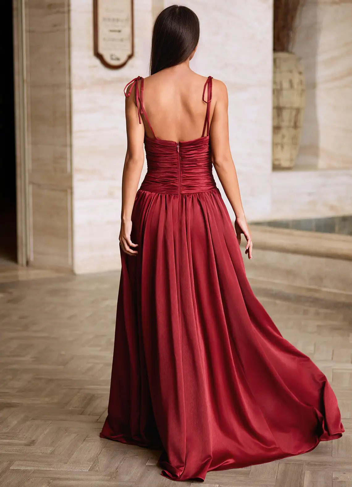 A-line Square Neck Tie Strap Pleated Satin Burgundy Long Prom Dress
