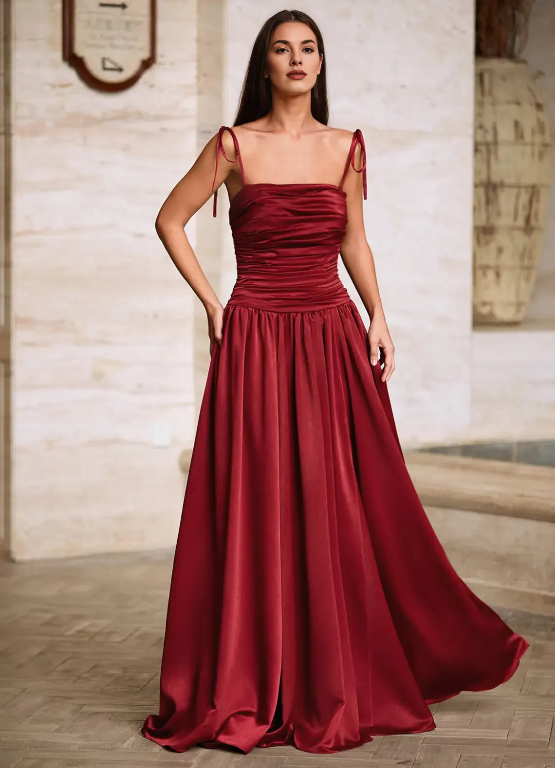 A-line Square Neck Tie Strap Pleated Satin Burgundy Long Prom Dress