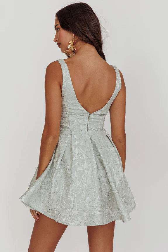 A-line Square Neck V-Back Textured Jacquard Sage Mini Homecoming Dress