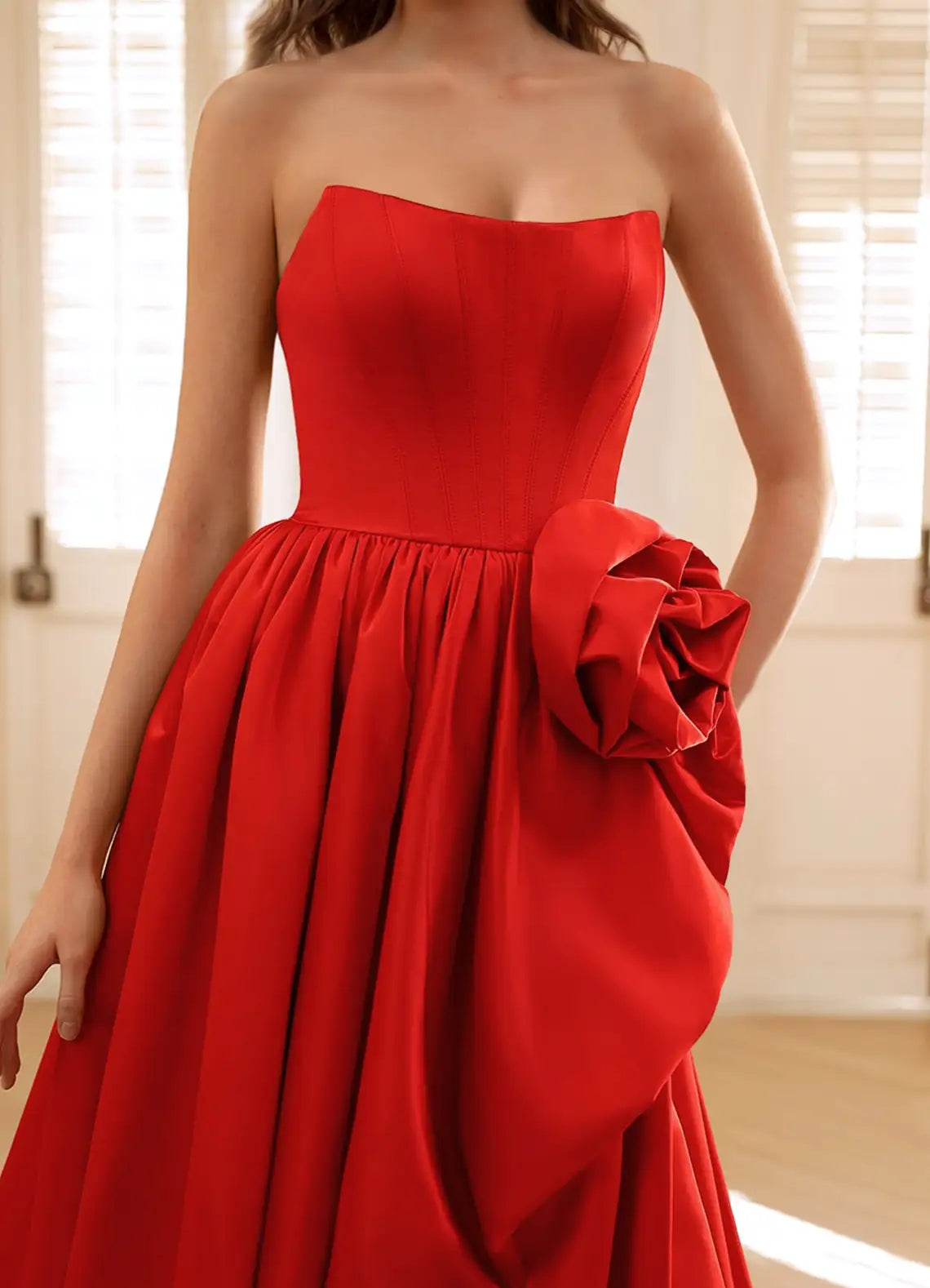 A-line Strapless 3D Flowers Red High-Low Prom Dress With Bubble Hem