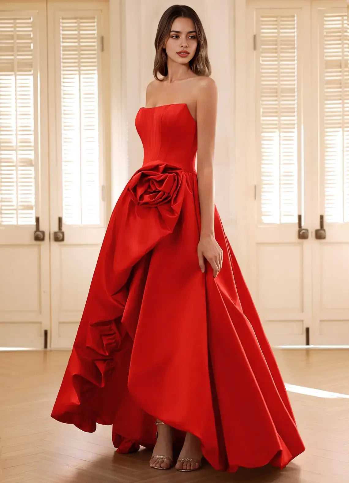 A-line Strapless 3D Flowers Red High-Low Prom Dress With Bubble Hem