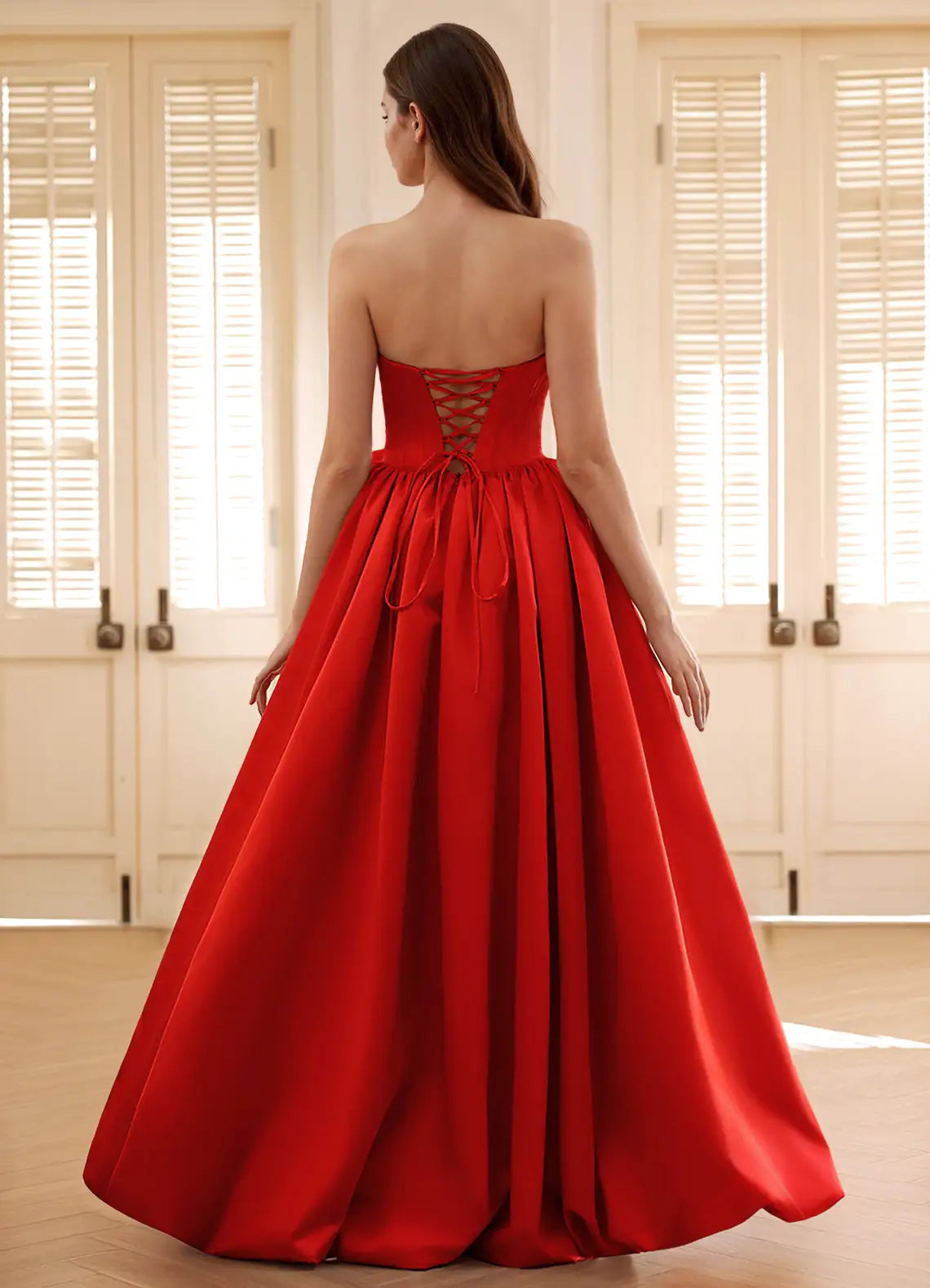 A-line Strapless 3D Flowers Red High-Low Prom Dress With Bubble Hem