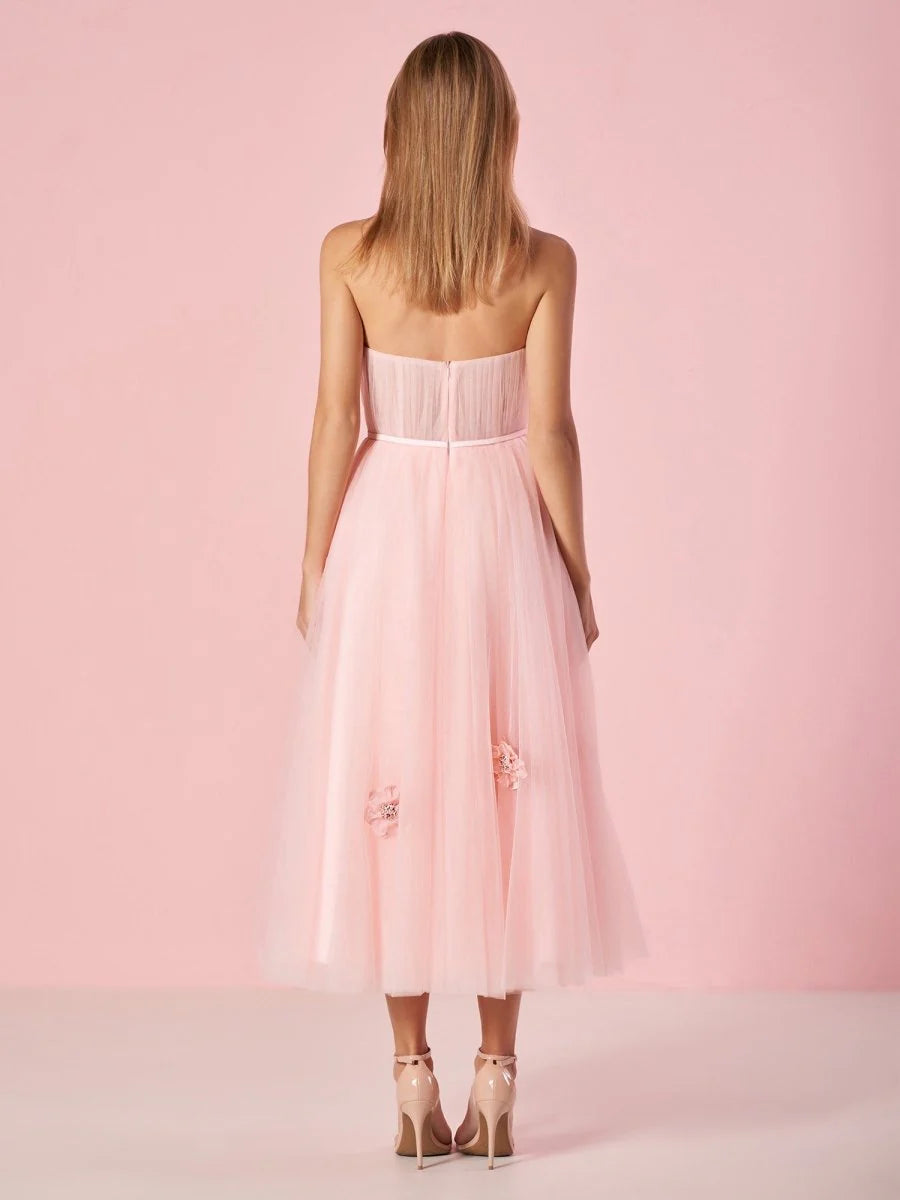 A-line Strapless 3D Flowers Tulle Light Pink Tea Length Prom Dress Custom