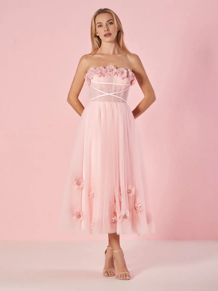A-line Strapless 3D Flowers Tulle Light Pink Tea Length Prom Dress Custom