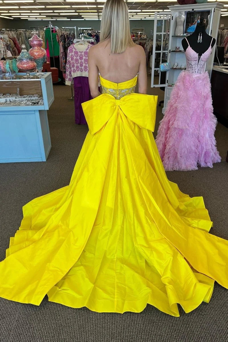 A-line Strapless Beaded-Waist Bow-Back Satin Yellow Long Prom Dress With Train