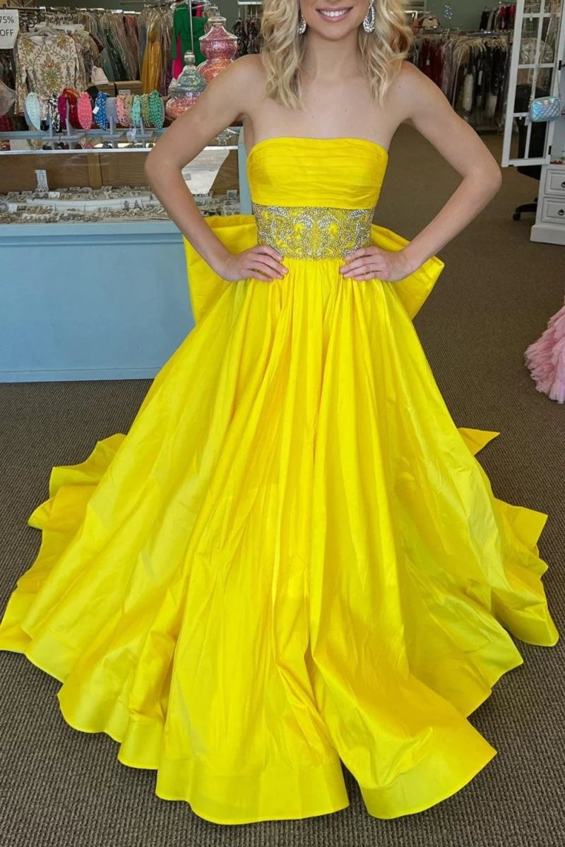 A-line Strapless Beaded-Waist Bow-Back Satin Yellow Long Prom Dress With Train