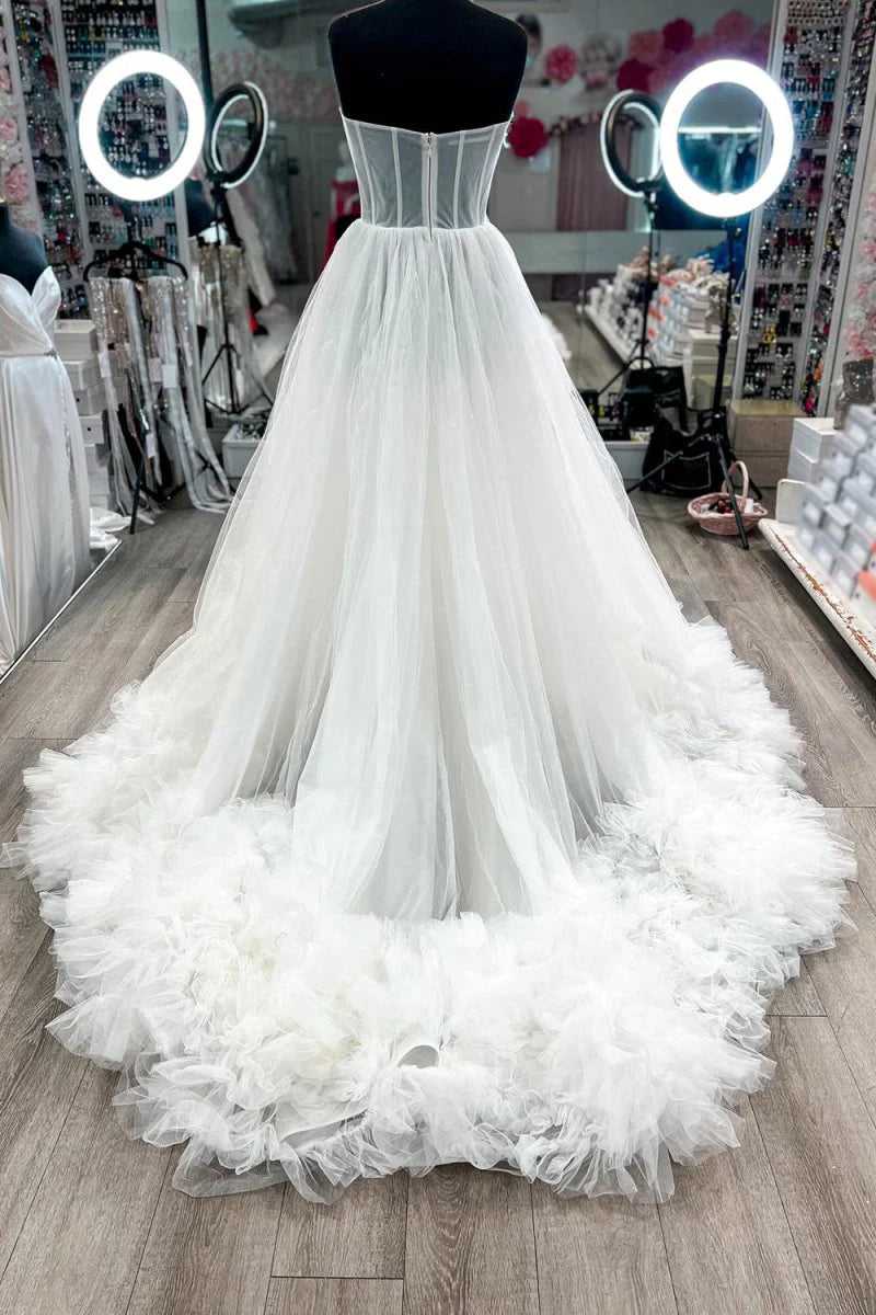 A-line Strapless Corset Ruffles Tulle Pink Long Prom Dress For Women