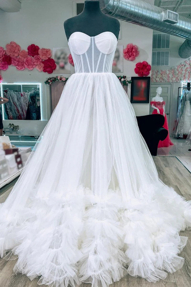 A-line Strapless Corset Ruffles Tulle Pink Long Prom Dress For Women