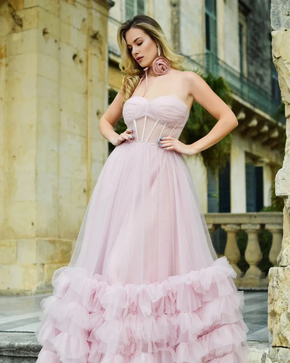 A-line Strapless Corset Ruffles Tulle Pink Long Prom Dress For Women