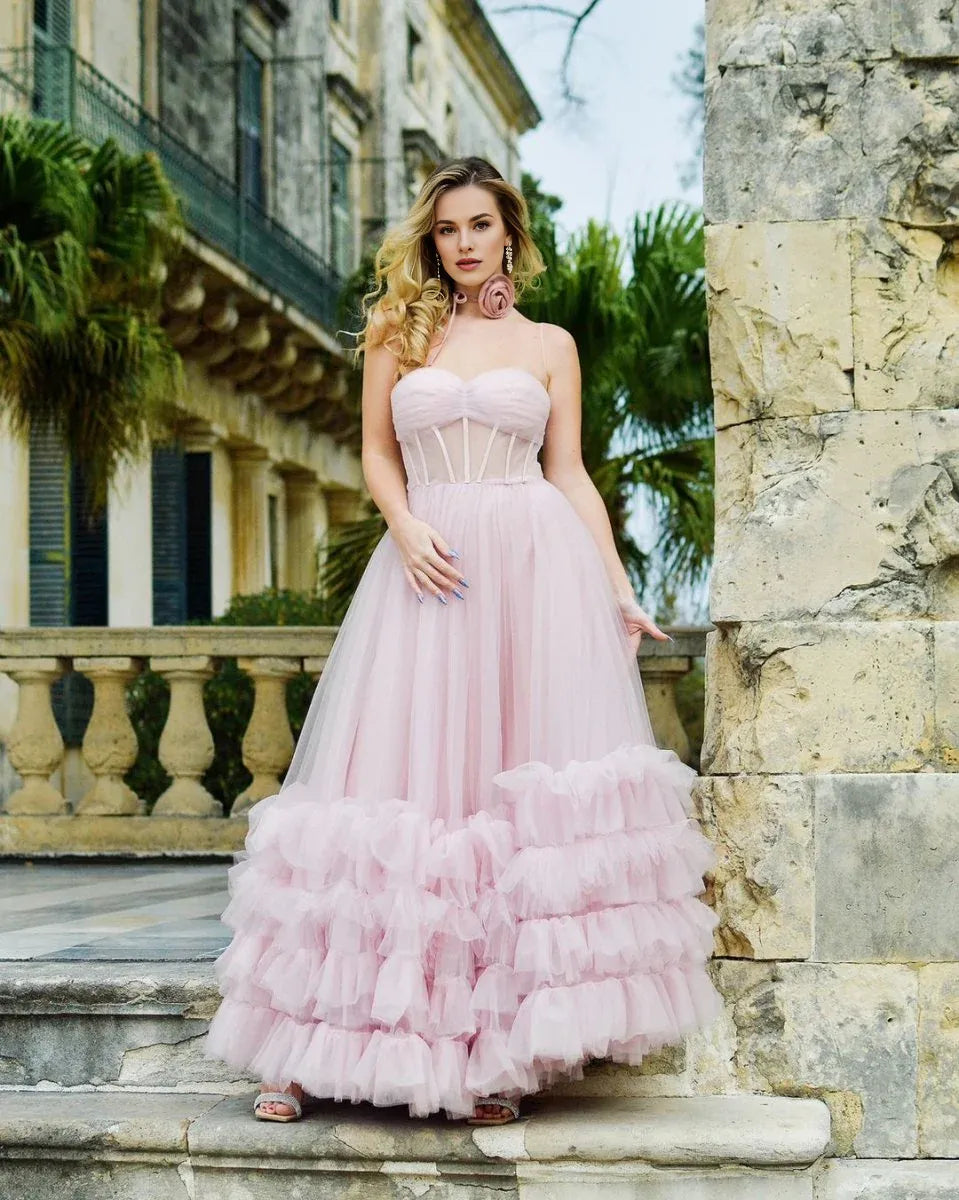A-line Strapless Corset Ruffles Tulle Pink Long Prom Dress For Women