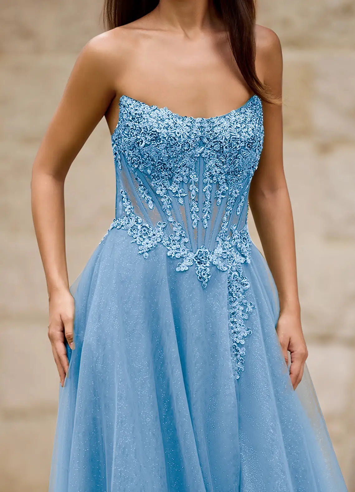 A-line Strapless Corset Slit Glitter Tulle Blue Long Prom Dress With Applique