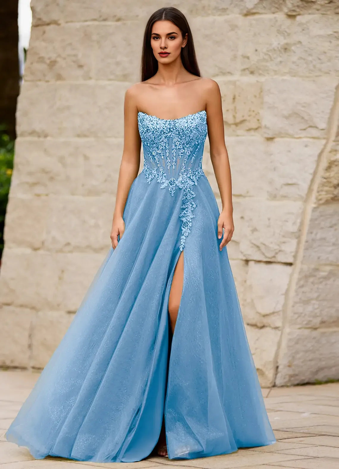 A-line Strapless Corset Slit Glitter Tulle Blue Long Prom Dress With Applique