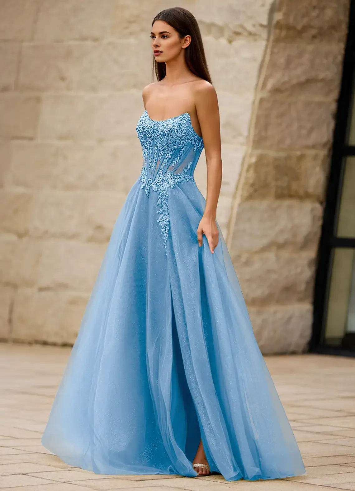 A-line Strapless Corset Slit Glitter Tulle Blue Long Prom Dress With Applique