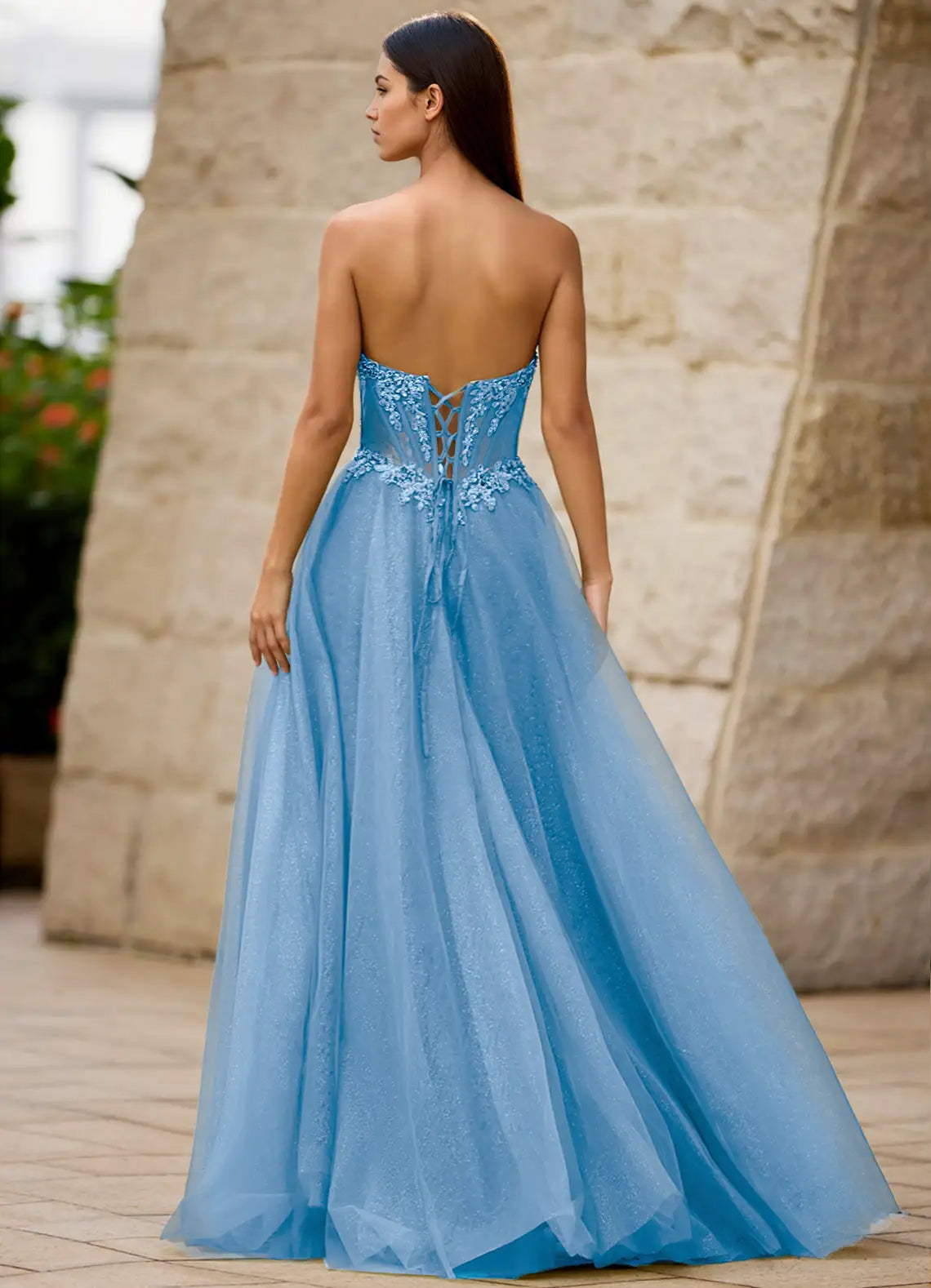 A-line Strapless Corset Slit Glitter Tulle Blue Long Prom Dress With Applique