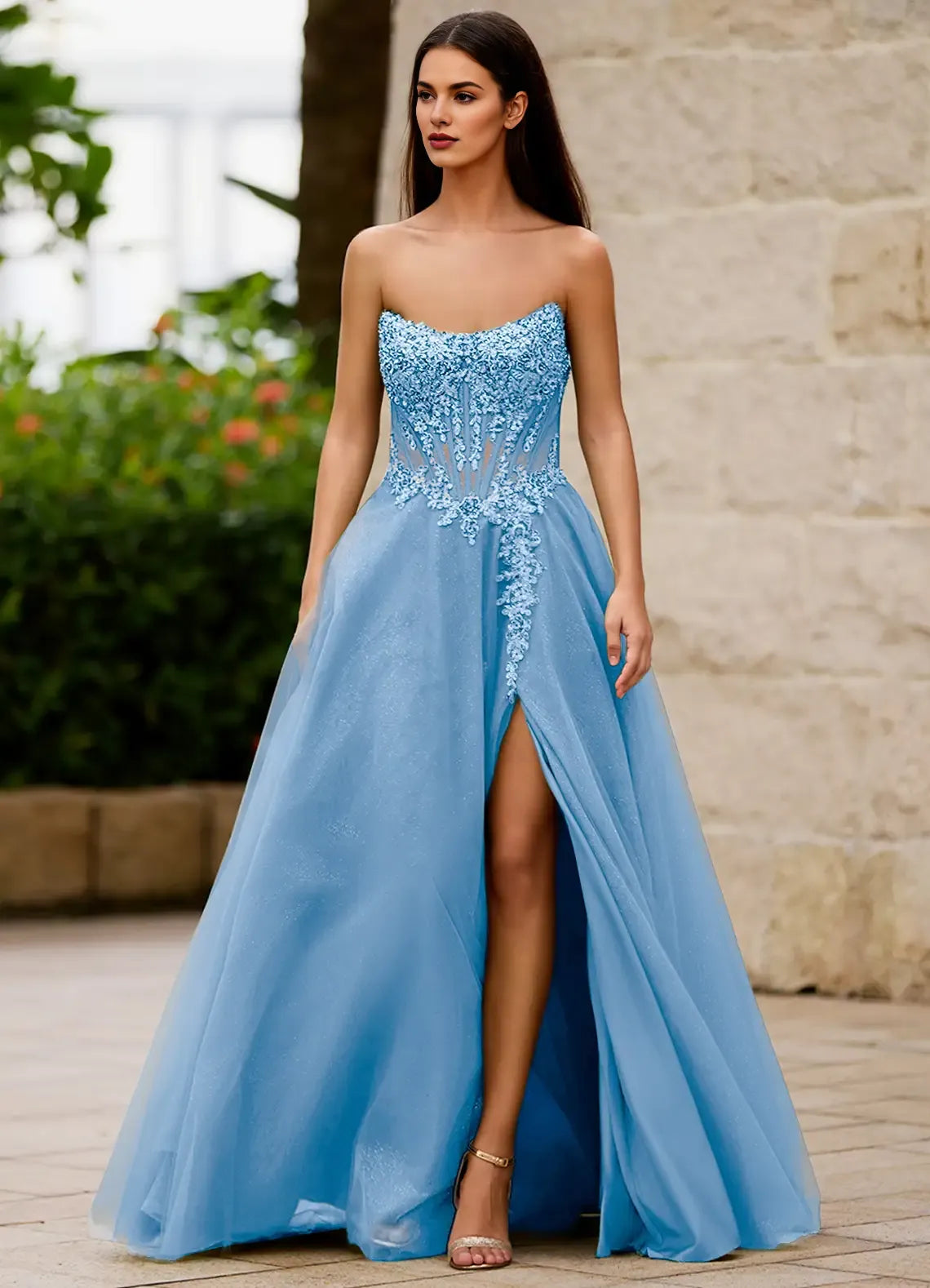 A-line Strapless Corset Slit Glitter Tulle Blue Long Prom Dress With Applique