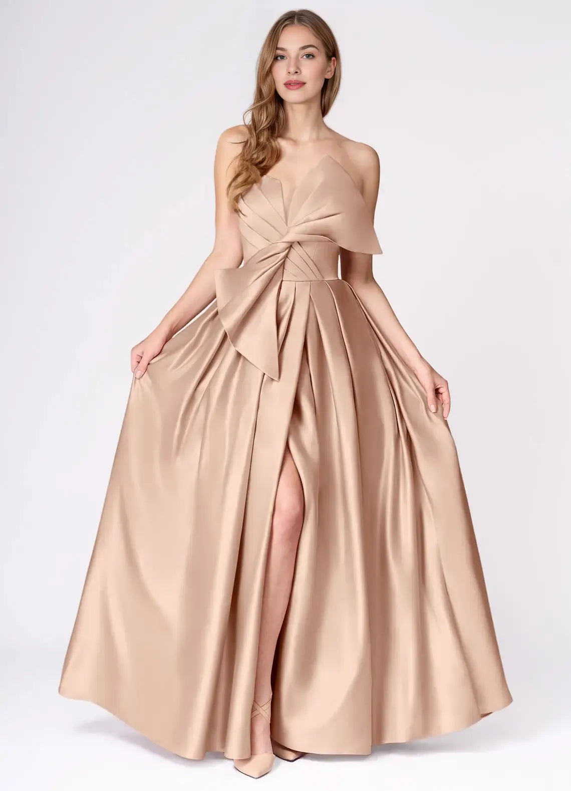 A-line Strapless Pleated Bow Champagne Maxi Prom Dress With Slit